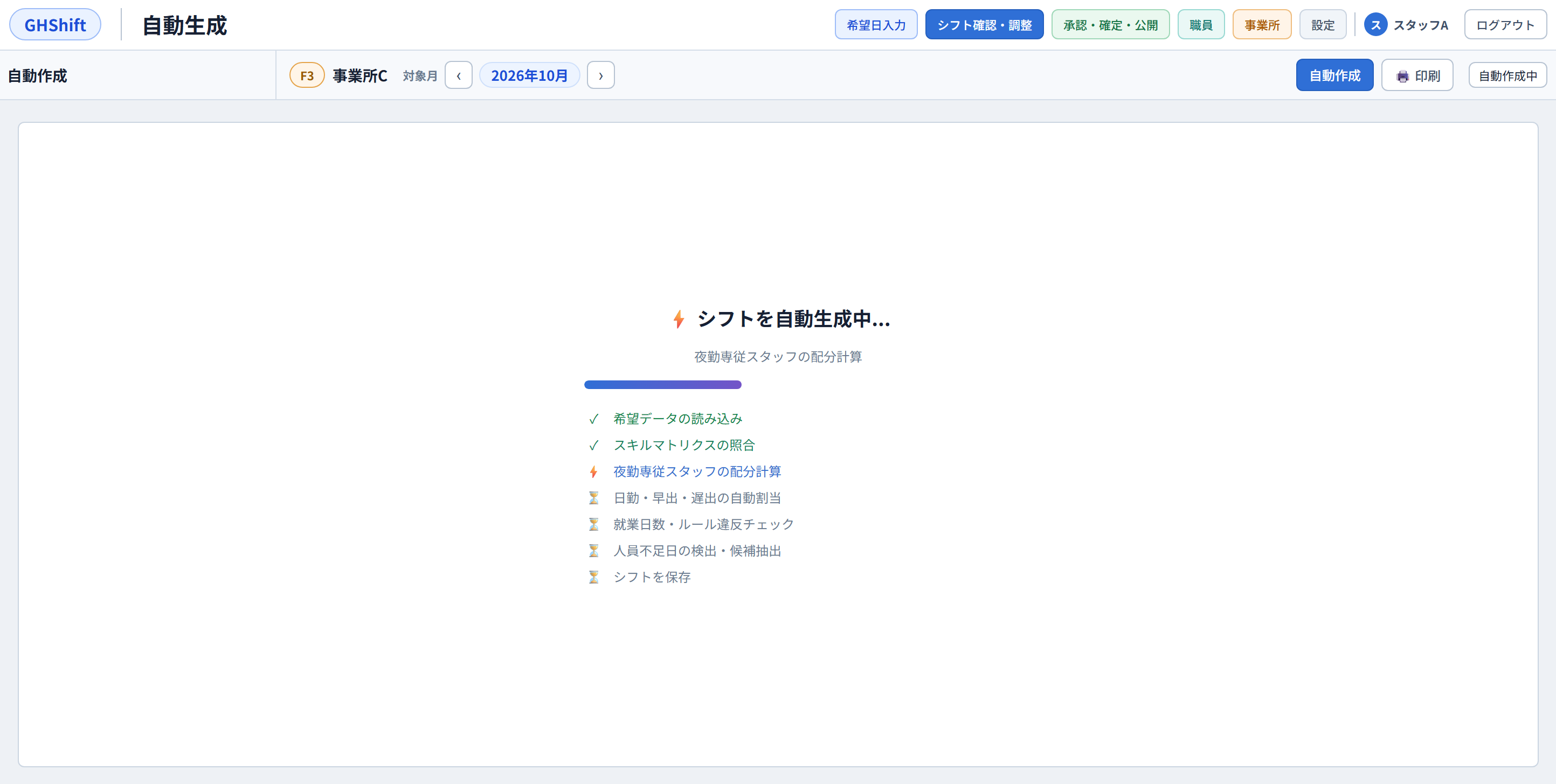 シフト自動作成中の画面
